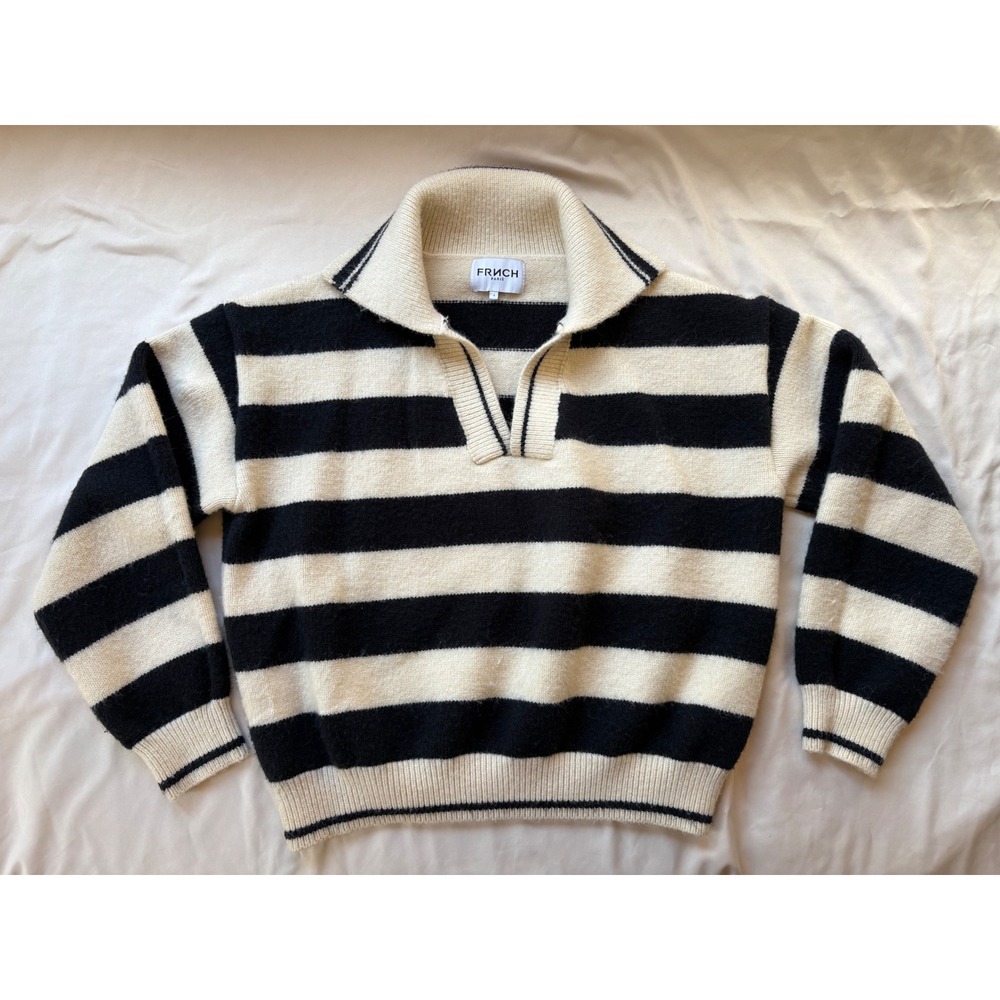 FRNCH Paris Striped Knit Sweater Cream Black V-Neck Spread Collar MS22-US13 S